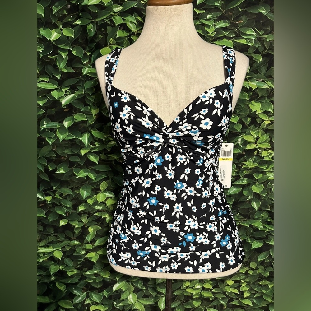 Anne Cole Twist Front Cup Tankini Swim Top 34B 32C Black White Floral Padded New